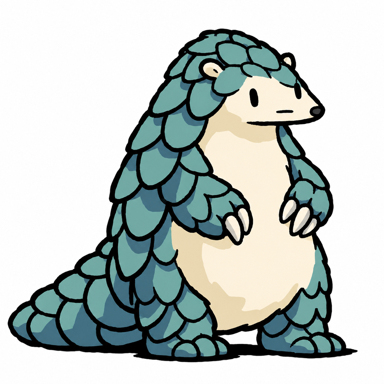 Panglo, a teal pangolin with a cream belly and a very unbothered expression